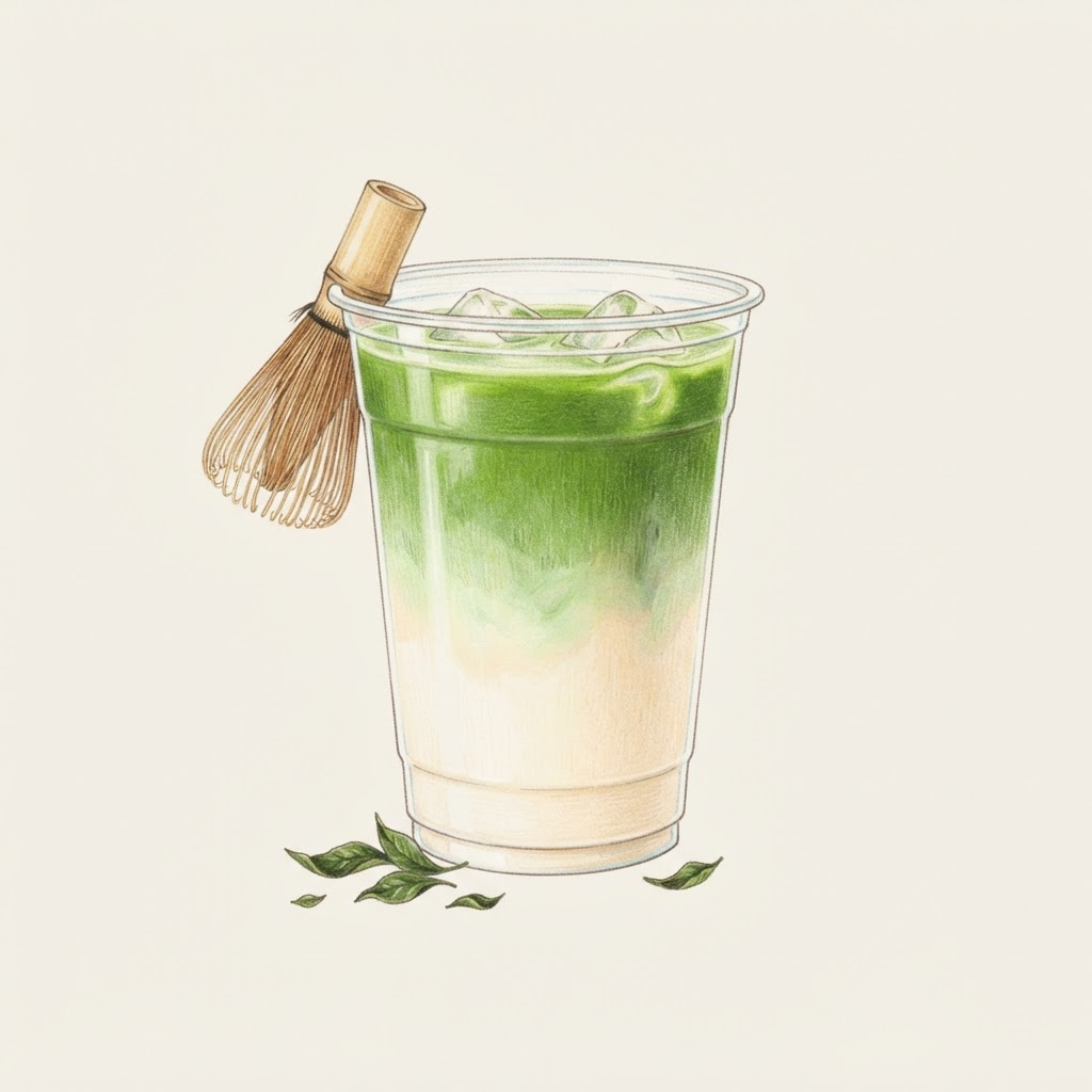 Hand-drawn colored-pencil illustration of an iced matcha latte in a clear to-go cup with a bamboo whisk resting in it